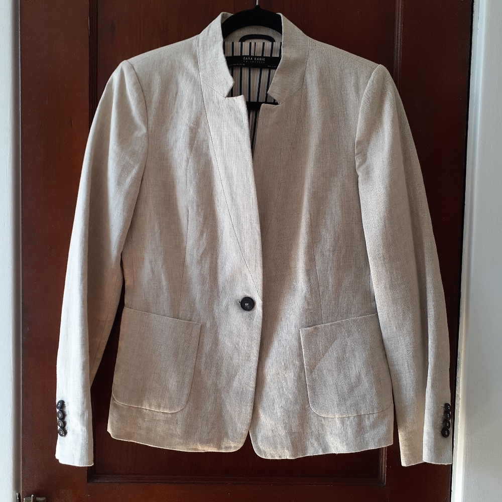 ZARA Fully Lined 100% Linen Career Sand Coloured Jacket - Size M